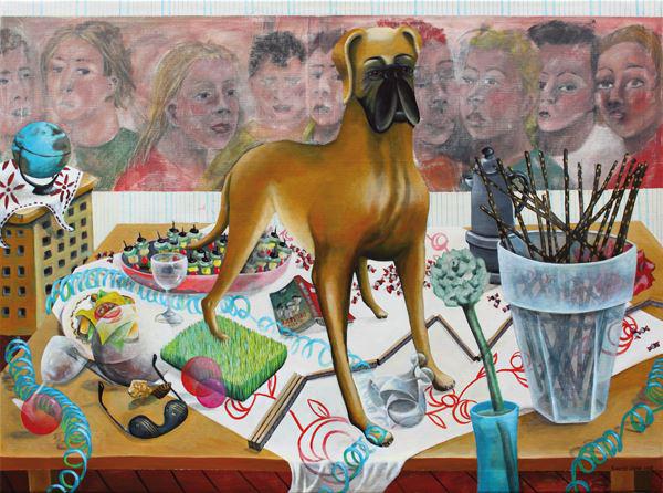 stilleben atelier IV (hund)-stillleben-swantje crone-2009-oel-160x80